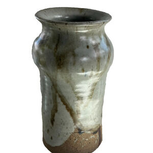 Studio Art Pottery Stoneware Tall Vase Glaze Brown Drips Signed By Carol R.